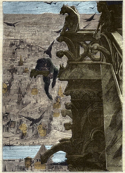 Quasimodo hanging a gargoyle of the towers of Notre-Dame de Paris - composition by Luc