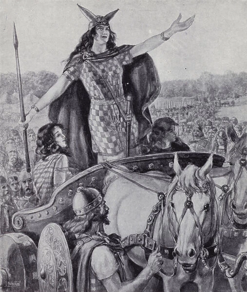 Queen Boudica inciting the Britons to revolt against the Roman Empire, c60 (litho)