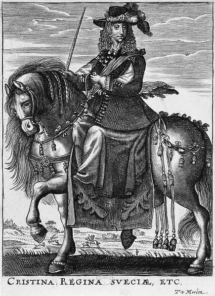 Queen Christina of Sweden (1626-89) on horseback (engraving) (b  /  w photo)