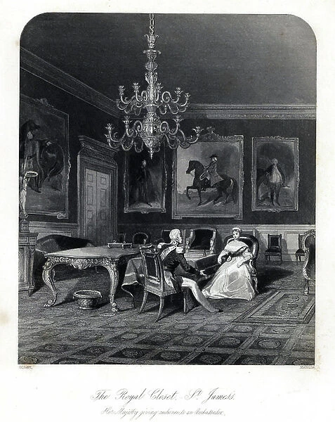 Queen Victoria giving audience to an ambassador in the Royal Closet, St. James' Palace. Steel engraving by Henry Melville after an illustration by Gilbert from London Interiors, Their Costumes and Ceremonies, Joshua Mead, London, 1841