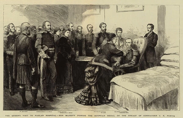 The Queens Visit to Haslar Hospital, Her Majesty pinning the Egyptian Medal on the Breast of Commander C K Purvis (engraving)