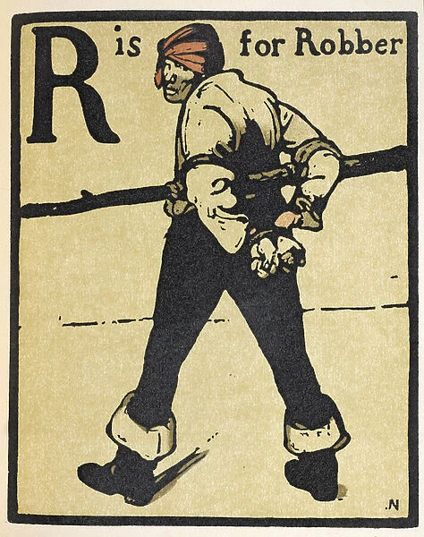 R is for Robber, illustration from An Alphabet, published by William Heinemann, 1898 (hand-coloured woodcut)