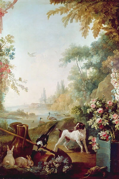 Two Rabbits, a Magpie and a Dog, from the Salon of Gilles Demarteau (1722-76) (oil