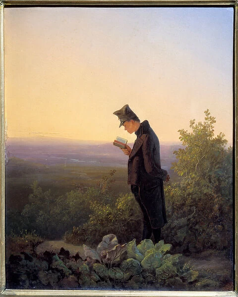 Reading the Breviary in the evening A man reading the Bible in a Romantic landscape