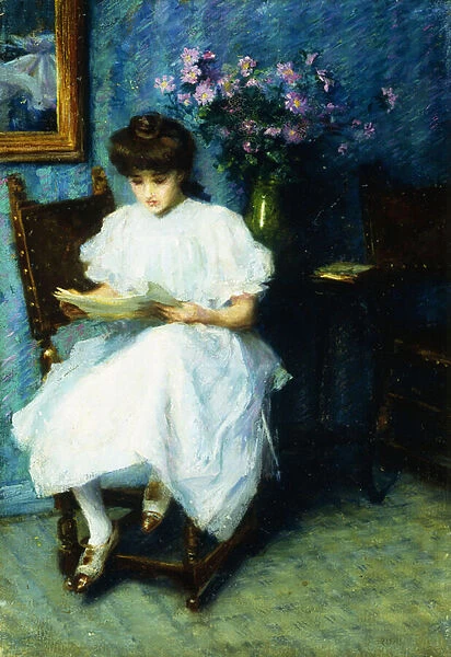 Reading in the Parlor, (oil on canvas)