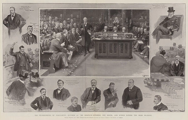 The Reassembling of Parliament, 16 October, Mr Balfour entering the House, and Scenes during the Irish Incident (litho)