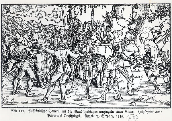 Rebel Peasants surrounding a knight, from an illustration to Trostspiegel