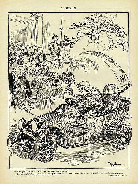Red Laughter, Satirical in N & B, 1916_2_19: A Postsdam - War of 14 -18, Germany Prussia, Automobile, Belligerants and Symbols, Potsdam - Reaper / Camarde - Illustration by Albert Robida (1848-1926)