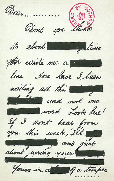 Redacted note from a frustrated lover (colour litho)