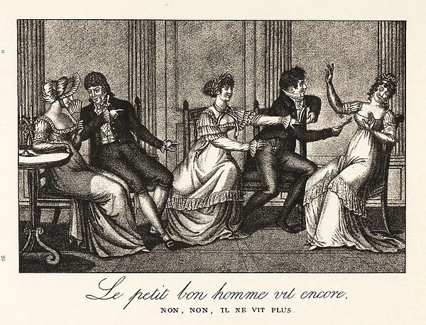 Regency party-goers playing the game of The Little Man Lives On. 1906 (litho)