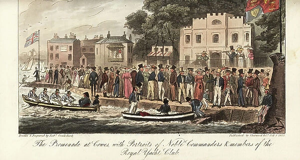Regency society promenading at Cowes, Isle of Wight. Portraits of Noble Commanders and Members of the Royal Yacht Club. Handcoloured copperplate drawn and engraved by Robert Cruikshank from The English Spy, London, 1825
