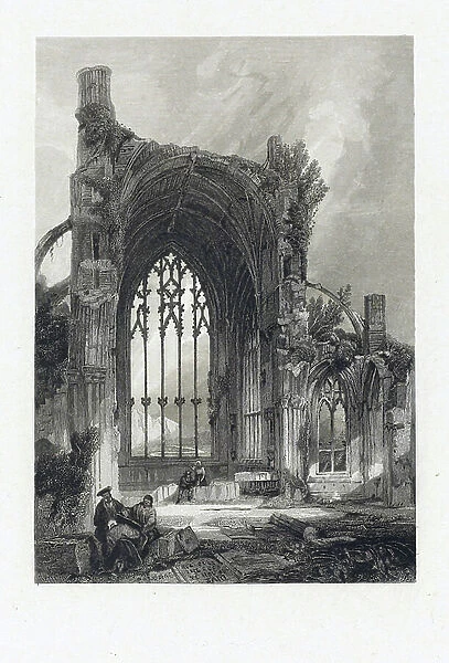 The remains of a church, in Gothic style, with two figures, a man sitting and a woman standing, through the window, a road that meanders over white cliffs. 19th century engraving
