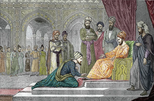 Representation of the doctor, Persian philosopher Avicenna (Ibn Sina) (980-1037) at the court of the Kakouyid emir Ala ad-Dawla Muhammed in Isfahan (Isfahan) after his escape from prison