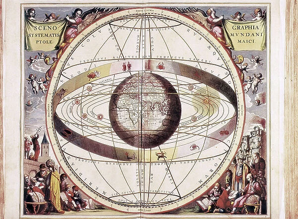 Representation du monde selon Claude Ptoleme (Claudius Ptolemaeus (vers 100-170). Gravure extraite de 'Atlas Coelestis seu Harmonia Macrocosmica' (1661), de Andreas Cellarius - CELLARIUS, Andreas (1596-1665). Mathematician and cosmographer