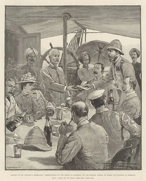 Return of Mr Stanleys Expedition, Presentation of the Order of Zanzibar, by the British Consul, on Board the Katoria at Mombasa (engraving)