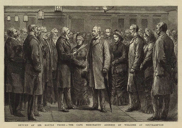 Return of Sir Bartle Frere, the Cape Merchants Address of Welcome at Southampton (engraving)
