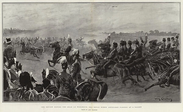The Review before the Shah at Woolwich, the Royal Horse Artillery passing at a Gallop (litho)