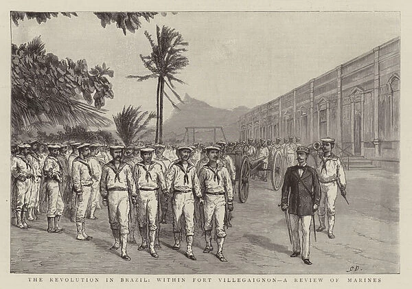 The Revolution in Brazil, within Fort Villegaignon, a review of Marines (engraving)