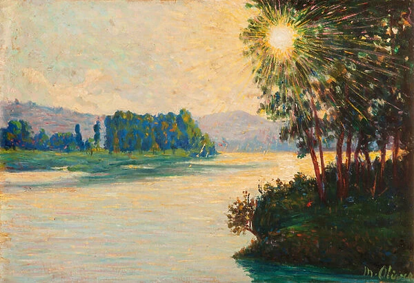 Rising sun on the river (oil on panel)