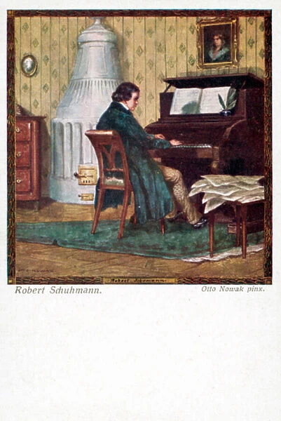 Robert Schumann playing the piano (colour litho)