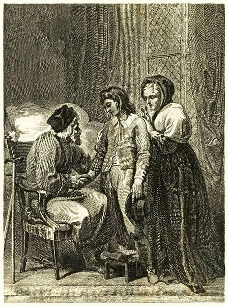 Robinson Crusoe frontispiece illustration showing Crusoe taking leave of his