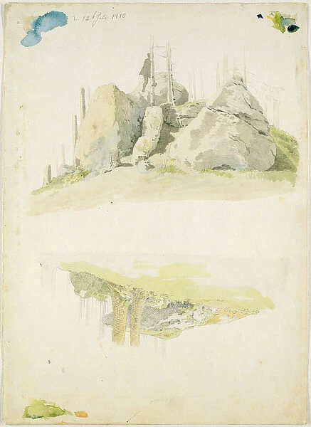 Rock and Tree: Two Studies, 12th July 1810 (w  /  c and pencil on paper)