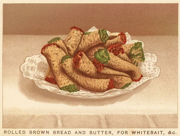 Rolled Brown Bread and Butter, for Whitebait, etc (colour litho)