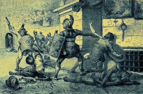 A Roman Holiday, combat of gladiators, illustration from The Illustrated History of the World, published c. 1880 (digitally enhanced image)