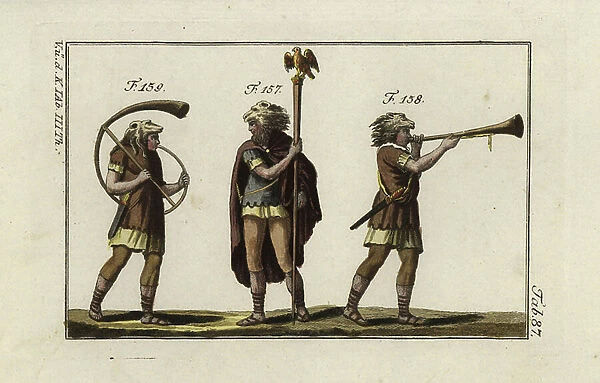 Roman military aquilifer or signifer (standard-bearer) with the aqulia or signum (standard) of the legion, trumpeter and horn player, all wearing lion heads and carrying swords (gladius)
