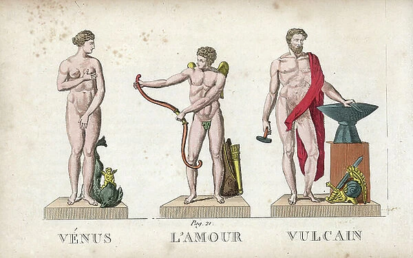 Roman mythology: Venus, Cupid and Vulcan - Eau forte by Jacques Louis Constant Lacerf, based on an illustration by Leonard Defrance (1735-1805), extracted from mythology in fabulous prints or divine figures, circa 1820 - Venus, Cupid and Vulcan