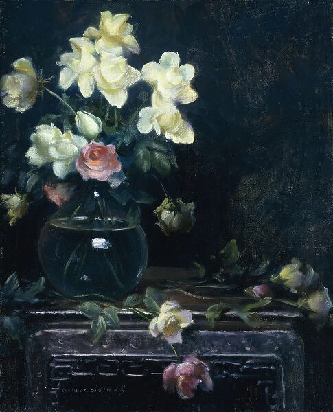 Roses in a Glass Vase, (oil on canvas laid on masonite)