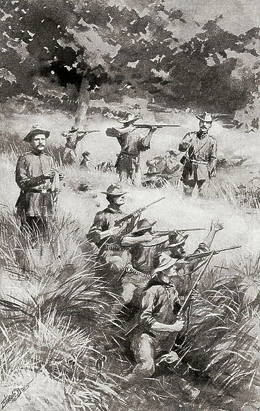 The Rough Riders, members of 1st United States Volunteer Cavalry, at The Battle of Las Guasimas, The Spanish-American of 1898 War, publ. 1900 (print)
