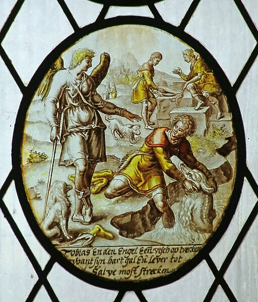 Roundel: Tobias catches a fish (stained glass)