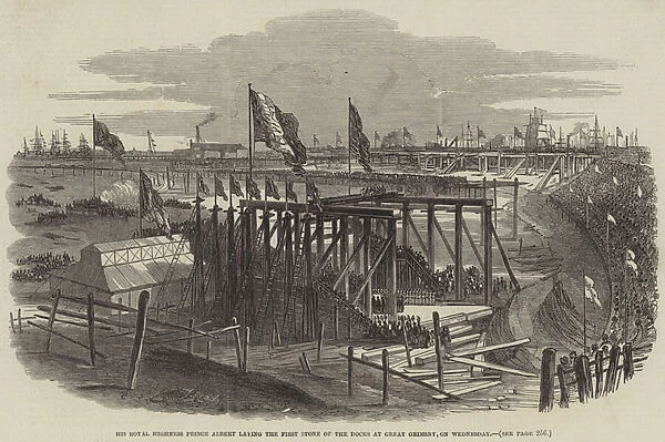 His Royal Highness Prince Albert laying the First Stone of the Docks at Great Grimsby, on Wednesday (engraving)
