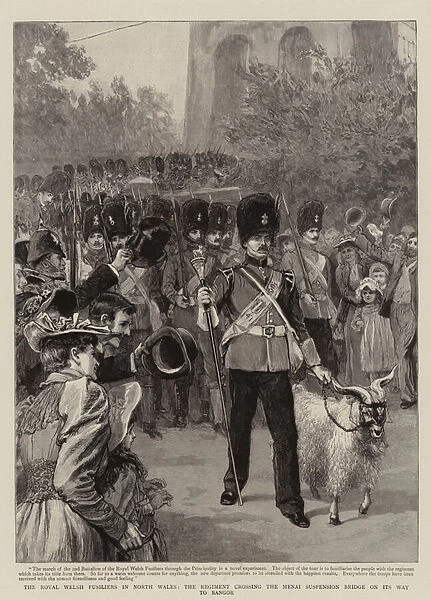 The Royal Welsh Fusiliers in North Wales, the Regiment crossing the Menai Suspension Bridge on its Way to Bangor (engraving)