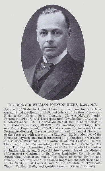 Rt Hon Sir William Joynson-Hicks, Bart, MP (b  /  w photo)