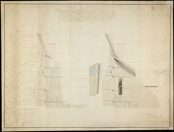 Rudder and stern post plan for 'Erebus' (1826) and 'Terror' (1813), 1845 (technical drawing, paper, black ink, red ink, blue colourwash, grey colourwash)