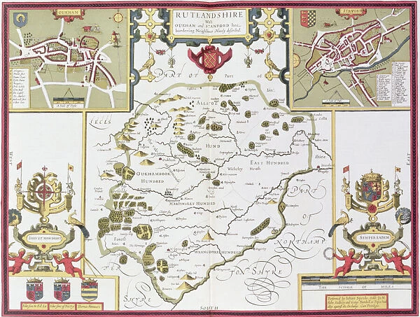 Rutlandshire with Oukham and Stanford, engraved by Jodocus Hondius (1563-1612)