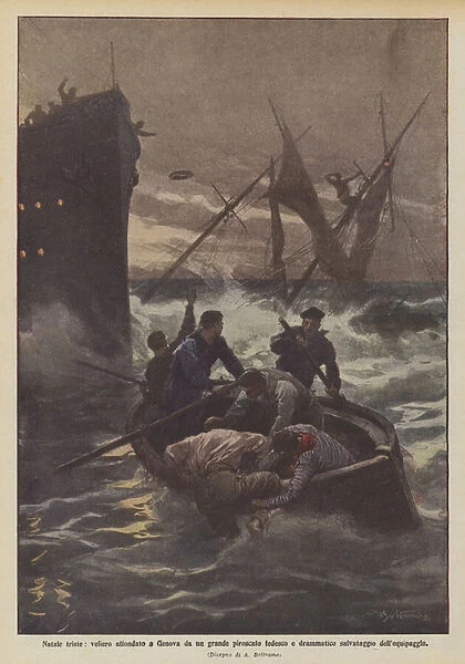 Sad Christmas, sailing ship sunk in Genoa by a large German steamer and dramatic crew rescue (colour litho)