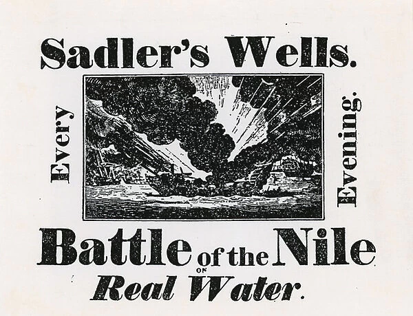 Sadlers Well. Battle of the Nile on Real Water. Every Evening (engraving)
