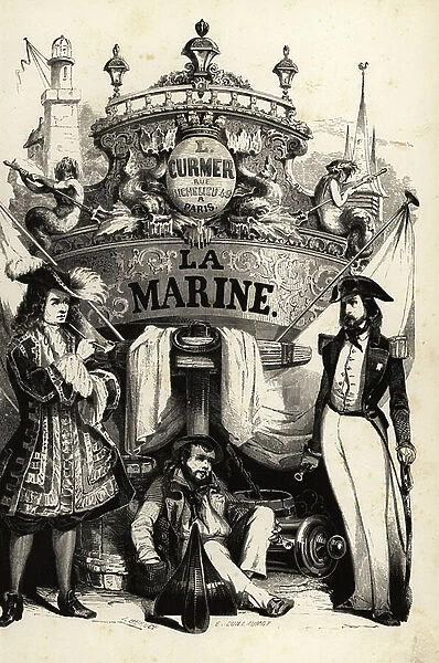 Sailors in front of a decorated ship's stern, 1889 (chromolithograph)