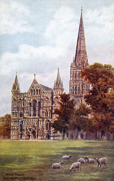 Salisbury Cathedral, West front (colour litho)