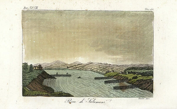Salmon fishing on a river in Norway, 18th century. Handcoloured copperplate engraving by after an illustration by from Giulio Ferrario's Costumes Ancient and Modern of the Peoples of the World, 1847