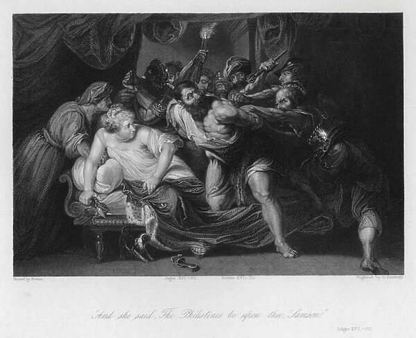 Samson betrayed by Delilah, Judges XVI, 20 (engraving)