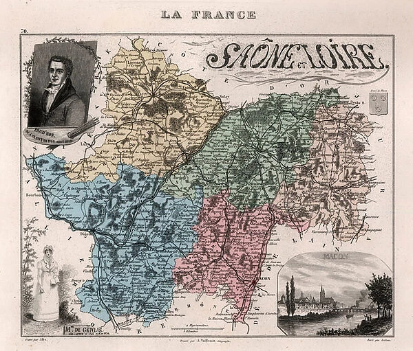 Saone et Loire (Saone-et-Loire, 71), Burgundy - France and its Colonies. Atlas illustrates one hundred and five maps from the maps of the depot of war, bridges and footwear and the Navy by M. VUILLEMIN. 1876