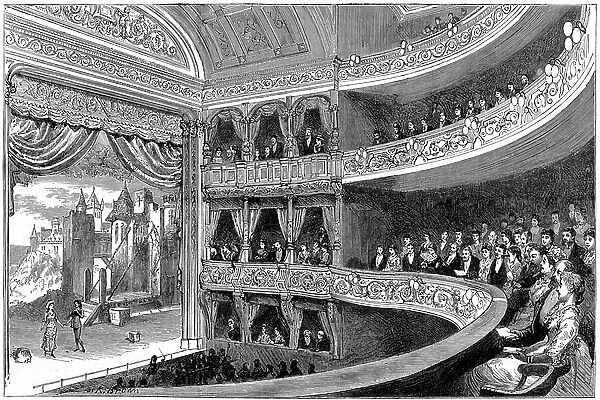 Savoy Theatre, London. House, not stage, lit by Swan incandescent electric lamps. Built by Richard D'Oyly Carte in 1881, it was the home of the Gilbert and Sullivan operattas. Wood engraving, 1881