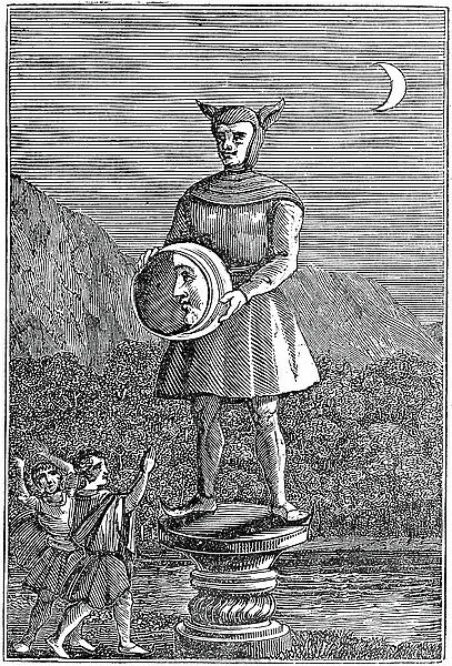 Saxon idol of the Moon shown holding a disc which displays the phases of the Moon. Wood engraving, 1834