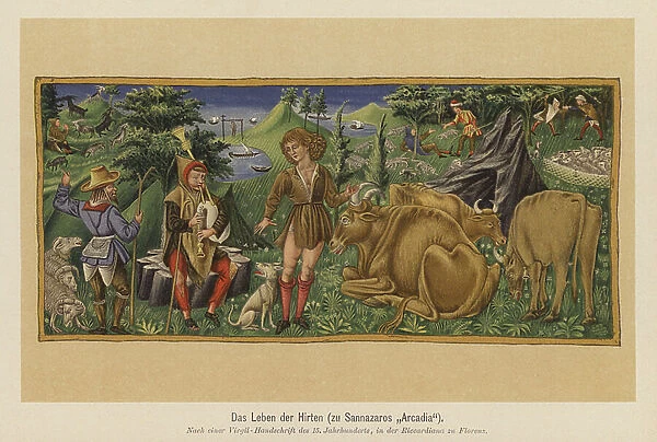Scene from Jacopo Sannazaro's poem Arcadia (colour litho)