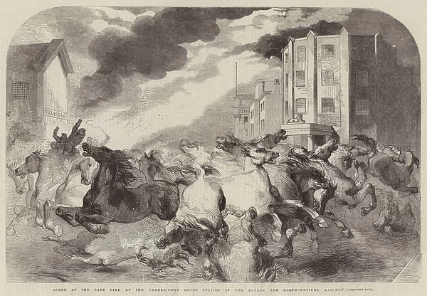 Scene at the late Fire at the Camden-Town Goods Station of the London and North-Western Railway (engraving)