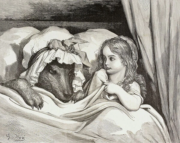 Scene From Little Red Riding Hood By Charles Perrault. Little Red Riding Hood In Bed With The Wolf Who Is Dressed As Her Grandmother After Eating Her. What Big Teeth You Have! After A Work By Gustave Dore